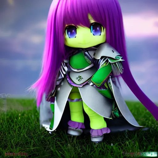 Image similar to cute fumo plush of a knight girl of a royal legion, anime girl with long hair, green and purple, vray