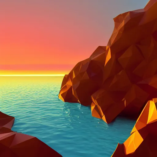 Image similar to 3d low polygon ocean scene with stunning sunset. 8k resolution. raytracing. trending on artstation.