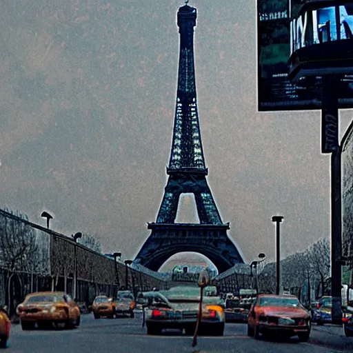 Prompt: A beautiful intricate 8K award-winning cinematic movie photograph of the future Eiffel Tower, devastated and decaying, completely covered in billboards. in the year 2043, by Bruno Delbonnel. Arri Alexa 65, IMAX 70mm footage