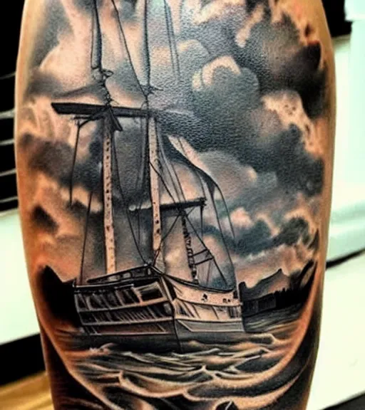 Prompt: A realistic painting of a pirate ship, realism tattoo design, highly detailed tattoo, shaded tattoo, hyper realistic tattoo