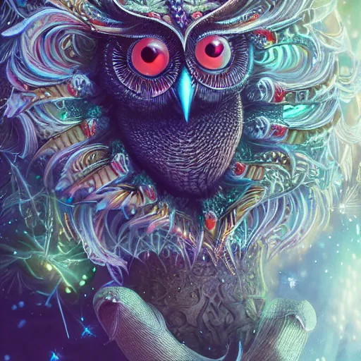 Image similar to detailed portrait of a alien magical owl, wearing a diamond crown, glowing feathers, halfway through, hyper detailed, stylistic, symmetrical, ethereal bohemian, detailed render, hdr, octane render