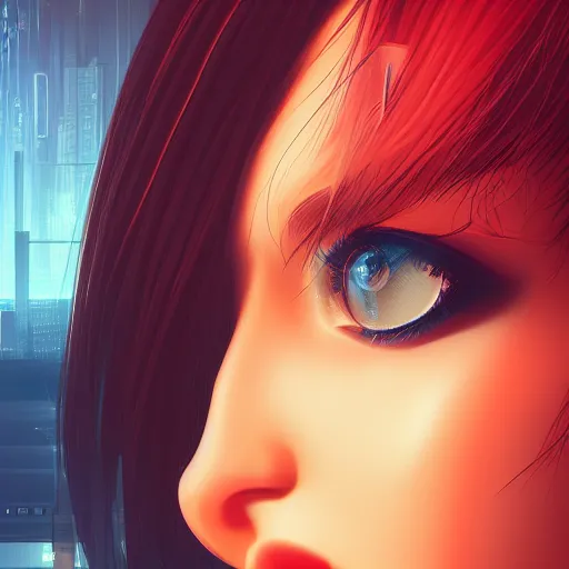 Image similar to a close up of a person with a city in the background, cyberpunk art by Ilya Kuvshinov, cgsociety, photorealism, ilya kuvshinov, cityscape, digital painting