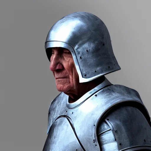 Prompt: photograph of an old man wearing futuristic white heavy armor futuristic sci - fi hyper realistic first person view dramatic lighting