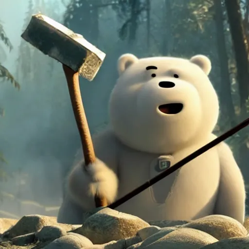 Image similar to ice bear as a robot with an axe from we bare bears in san fransisco, 8 k, weta pixar disney hyper realistic cinematic still