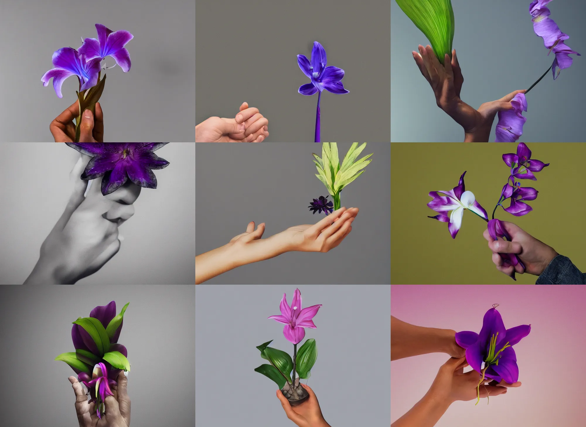 Prompt: hand holding on palm neon lily one flower, studio shot, black purple studio background, studio lighting, night dramatic lighting, trending on ArtStation, octane render, no surroundings, high detail, ray tracing, 4K, 8K, highly detailed, HDR