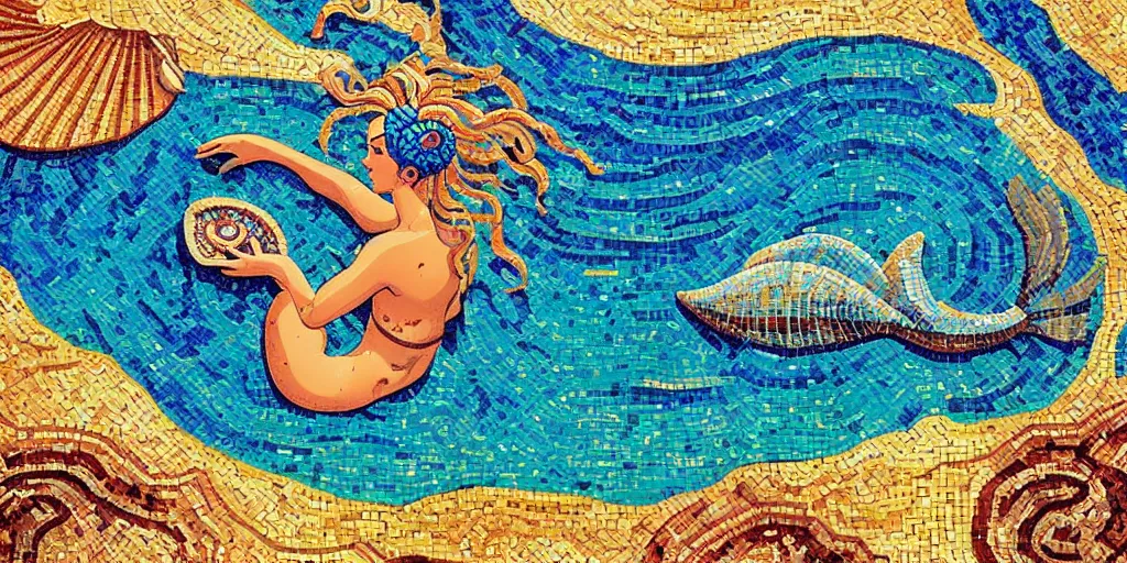 Prompt: ancient roman mosaic of bluehair mermaid with a shell bikini on sea floor, low ceiling, illustration by moebius, rhads, dan mumford, victo ngai, clean thick line, comics style