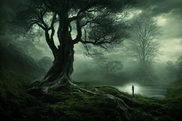 Image similar to an ultra realistic, cinematic headshot portrait, of an evil tree wizard, background of a vast serene landscape, with trees and rivers, detailed, deep focus, movie still, dramatic lighting, ray tracing, by michal karcz and yoshitaka amano