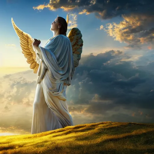 Image similar to gigantic biblical depiction of an angel towering over a vast landscape, cinematic, realistic, geometric body, photorealistic, detailed, white body, global illumination, volumetric lighting, 8 k, god rays, beautiful, majestic clouds