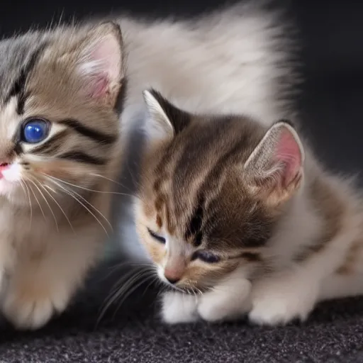 Image similar to a picture of two kittens playing tug o war over a toy mouse. one kitten had blue eyes while the other had brown ones. their fur looked soft and fluffy.