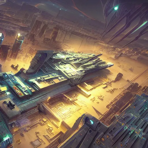 Image similar to an aerial scene of the beautiful intricate epic futuristic cybernetic sphinx in a cyberpunk pharaoh city, floating pyramids in the background, hyper detailed, cinematic lighting