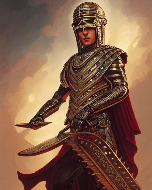 Image similar to Energetic rock guitarist wearing a roman helmet, art deco, fantasy, intricate art deco leaf designs, elegant, highly detailed, sharp focus, art by Artgerm and Greg Rutkowski and WLOP