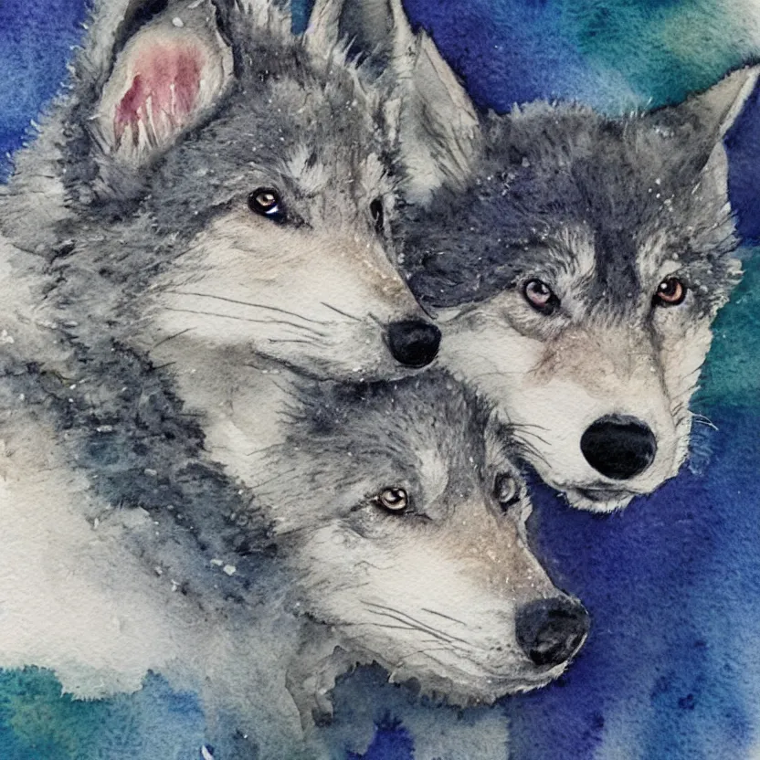 Prompt: detailed watercolor illustration of a cute and thoughtful wolf pup