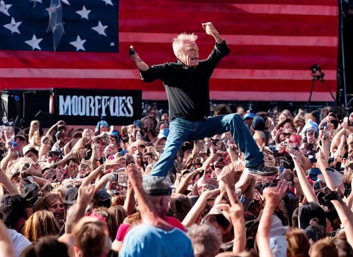 Image similar to photo still of clint eastwood on stage at vans warped tour!!!!!!!! at age 6 8 years old 6 8 years of age!!!!!!!! stage diving into the crowd, 8 k, 8 5 mm f 1. 8, studio lighting, rim light, right side key light