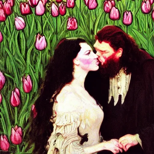 Image similar to hagrid the viking and morticia addams kiss in a field of tulips, masterpiece, highly detailed, oil on canvas, art by walter sickert, john singer sargent, and william open