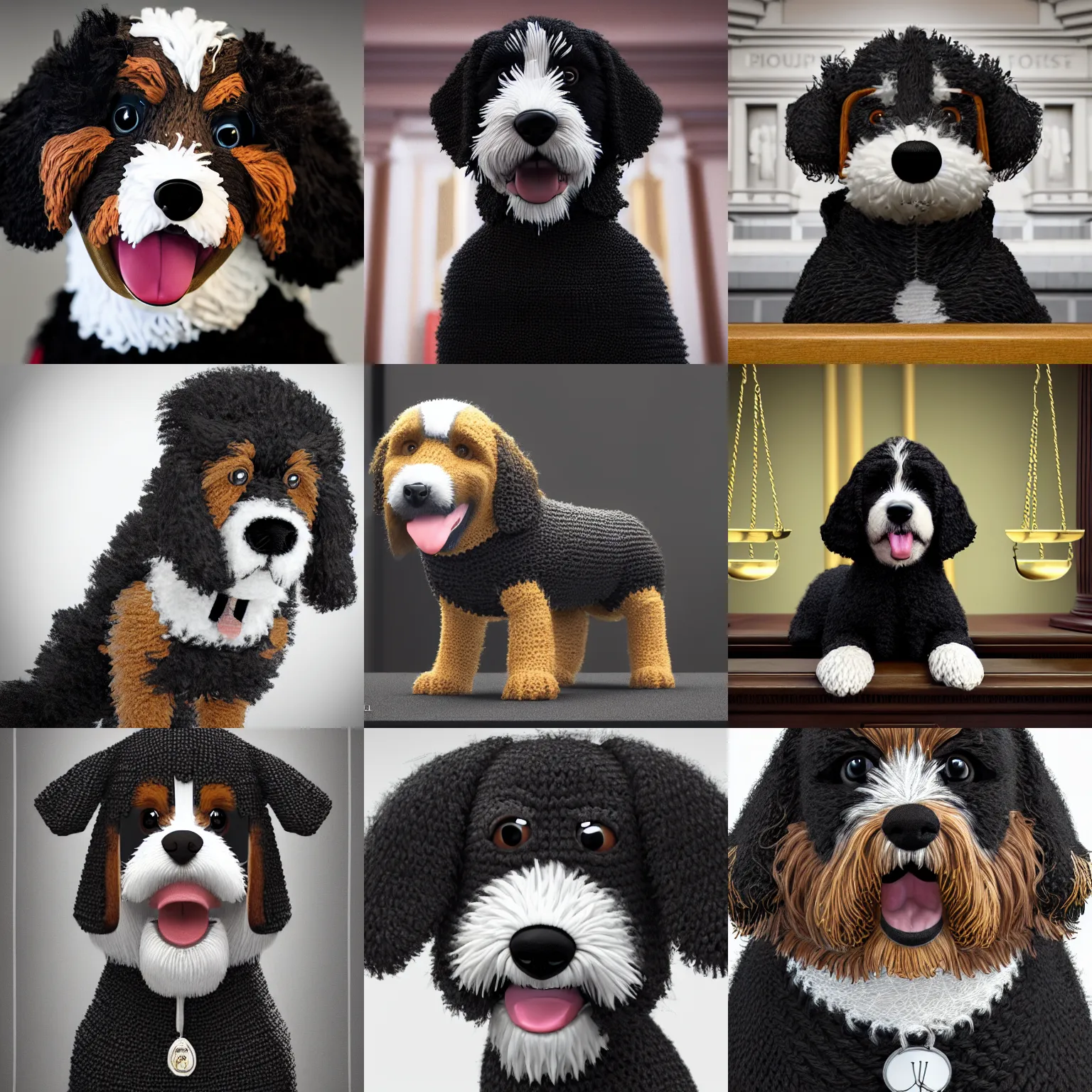 Prompt: a closeup photorealistic illustration of a knitted smiling bernedoodle judge puppy dressed in a black gown presiding over the courthouse. scales of justice. this 4 k hd image is trending on artstation, featured on behance, well - rendered, extra crisp, features intricate detail, epic composition and the style of unreal engine.