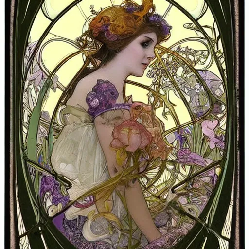 Image similar to Alice in Wonderland,Diamonds Blaze,Rose twining,out of time and space,dreamy, eternity, romantic,highly detailed,in the style of Alphonse Maria Mucha, highly detailed,night lighting