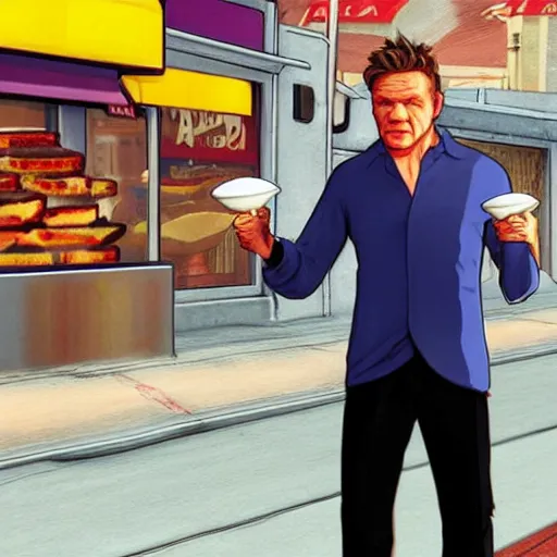 Prompt: GTA cover art of Gordon Ramsay eating an ice cream burger