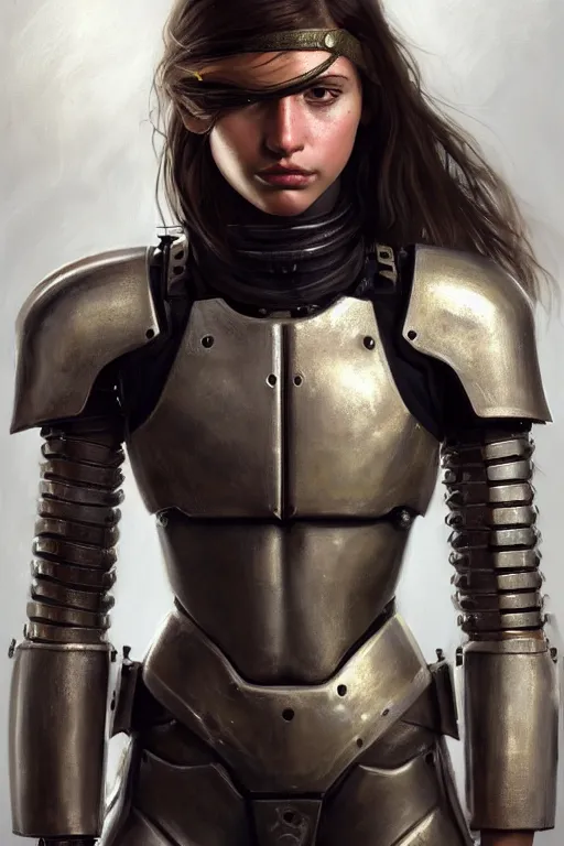 Prompt: a photorealistic painting of an attractive young girl, partially clothed in thick metal-plated battle armor, dirty olive skin, long dark hair, beautiful bone structure, symmetric facial features, perfect eyes, intricate, elegant, digital painting, concept art, finely detailed, illustration, sharp focus, minimal artifacts, from Metal Gear, by Greg Rutkowski, in the style of Ruan Jia and Mandy Jurgens and Artgerm and William-Adolphe Bouguerea, trending on Artstation, award winning