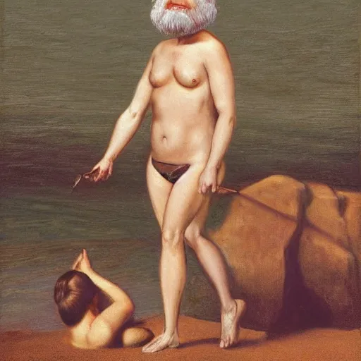 Prompt: dreamt in 5. 7 1 s for @ loo'e's! dream charles darwin in a bikini realistic 4 k photograph