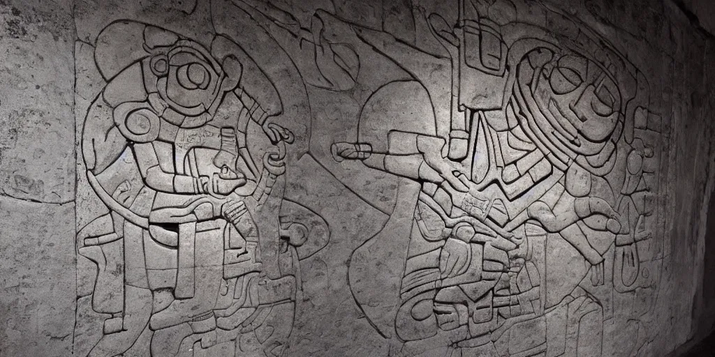 Image similar to pascal votan the space navigator as etched in stone, Mayan hieroglyph by Liam Wong and Boris Vallejo