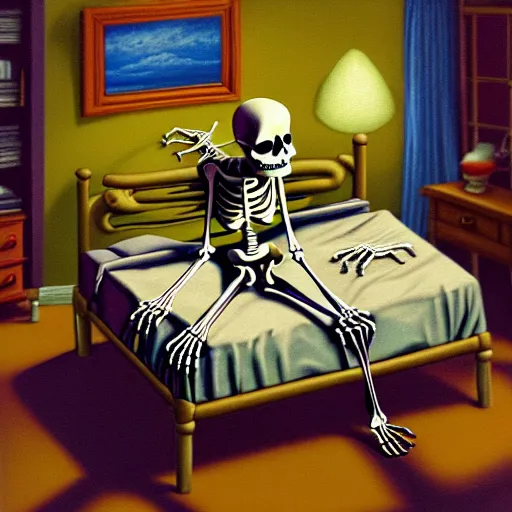 Prompt: a skeleton that is wearing pajamas in bed, as a matte oil painting, by tim jacobus, in the style of a goosebumps book cover illustration, inside of a bedroom, 9 0 s, extremely detailed, sharp focus, 4 k