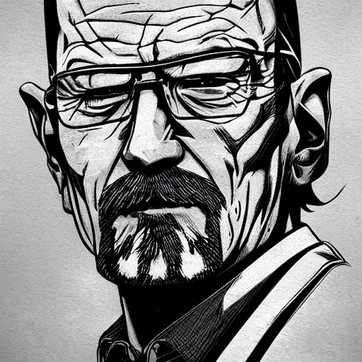 Prompt: a manga artwork of Walter White, in the style Katsuhiro Otomo, high detail, dark, drawing, wallpaper, character design, concept art