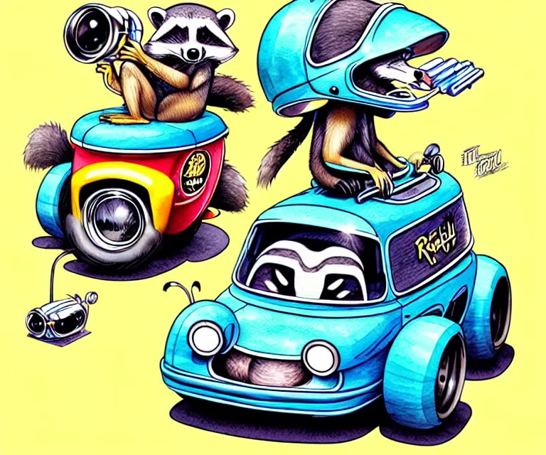 Image similar to cute and funny, racoon wearing a helmet riding in a tiny hot rod coupe with oversized engine, ratfink style by ed roth, centered award winning watercolor pen illustration, isometric illustration by chihiro iwasaki, edited by range murata