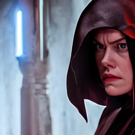 Image similar to movie still of daisy ridley as sith empress wearing a black satin robe and metal belt with dark eye makeup, sweaty, detailed eyes, neutral expression, shallow depth of field, photorealistic, cinematic lighting, lovely bokeh, dark moody light, strong rim light, movie quality, star wars