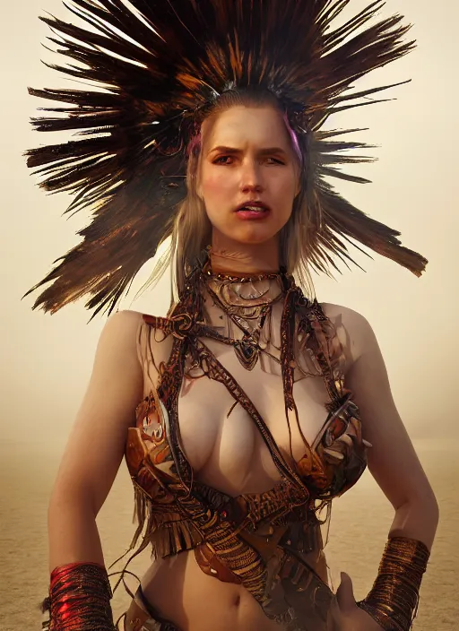 Prompt: hyper realistic photography portrait of coachella burningman pagan medieval tribal festival warrior curvy partygirl face cinematic, vallejo, julie bell, craig mullins greg rutkowski, artstation, cgsociety