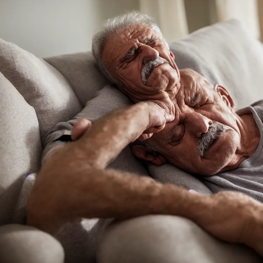 Image similar to photo of a 67 year old Romanian man falling asleep on the couch as he checks his pulse, National Geographic, photo, HD, 8k