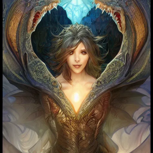 Image similar to dragon watching the world underneath, d & d, fantasy, intricate, elegant, highly detailed, digital painting, artstation, concept art, smooth, sharp focus, illustration, art by artgerm and dragolisco and alphonse mucha and dragolisco