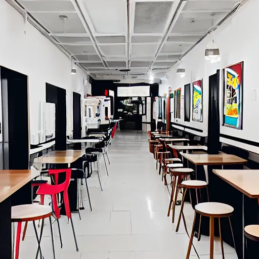 Prompt: photo of a minimalist white arcade with cafe tables, and retro art on the white walls