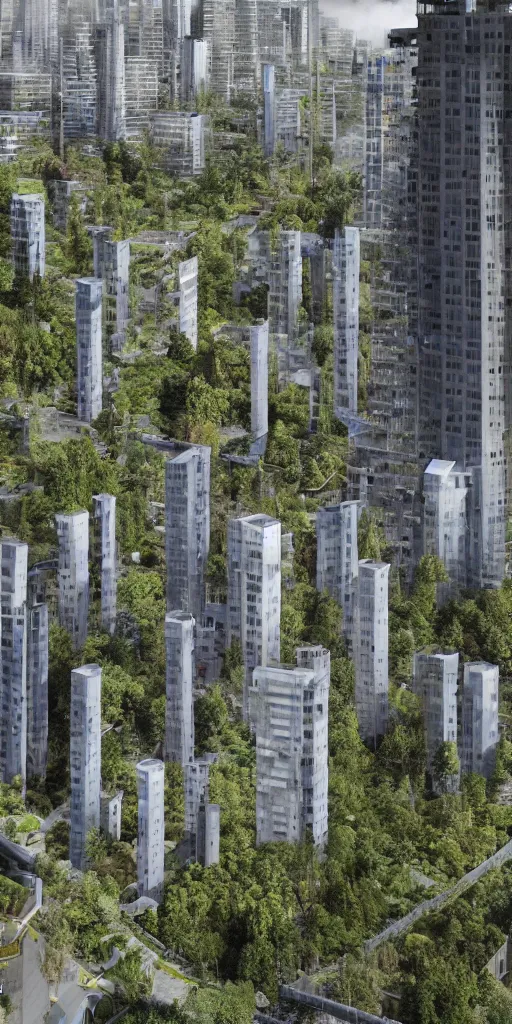 Image similar to an elevational photo by Andreas Gursky of tall and slender futuristic mixed-use towers emerging out of the ground. The rusty industrial towers are covered with trees and ferns growing from floors and balconies. The towers are bundled very close together and stand straight and tall. The towers have 100 floors with deep balconies and hanging plants. Cinematic composition, volumetric lighting, foggy morning light, architectural photography, 8k, megascans, vray.