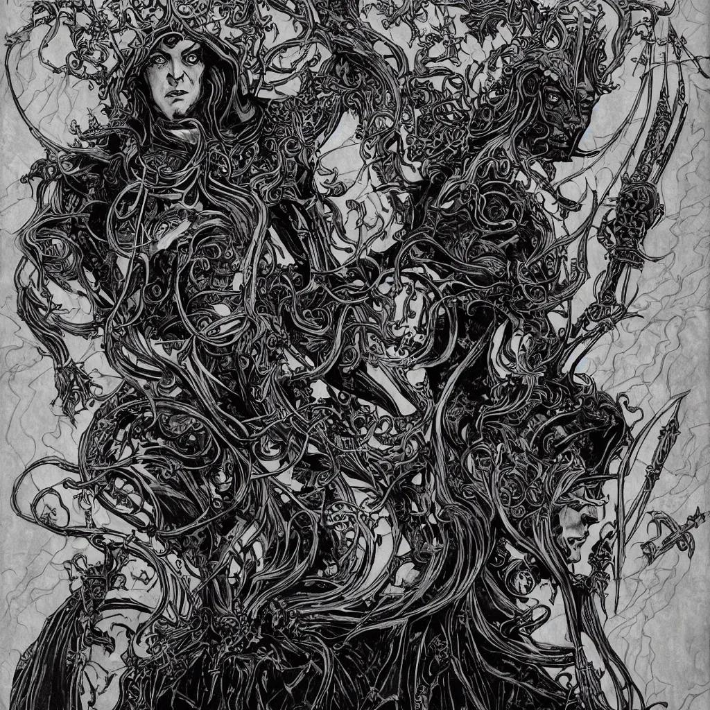 Image similar to A dramatic art nouveau bust portrait of Elric in black shining armor, holding a rune-engraved black broadsword that glows with eldritch power, wearing an intricately detailed chaos star crown, by P. Craig Russell, Michael Kaluta and Jia Ruan, fantasy, crisp lighting and edges, dark ambience, malevolent expression, determination, fear, confidence, accurate symmetrical facial details, aquiline facial features, medieval fantasy designs, white wolf, four color comic book style