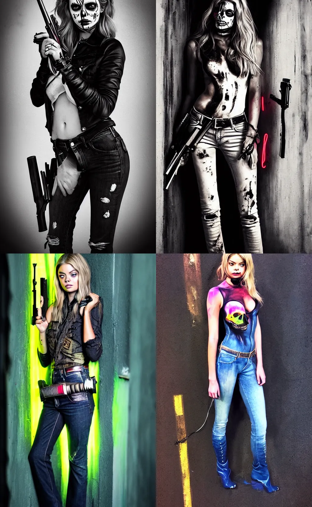 Prompt: in the style of artgerm, Samara Weaving with skull paint on her face, jeans, boots, holding a shotgun, standing in a dark alley, night, neon