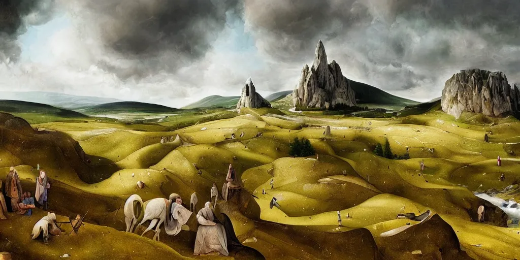 Prompt: very very Beautiful landscape of Aberdeenshire and Bennachie hill in the centre of the painting, physically accurate, dramatic dynamic lighting, intricate, elegant, highly detailed, digital painting, artstation, very hyperrealistic, Hieronymus Bosch, very very Tomas Sanchez, Renaissance, concept art, smooth, sharp focus, illustration, art by artgerm and greg rutkowski and alphonse mucha