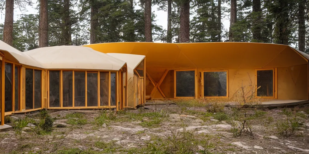 Prompt: large futuristic yurt, many windows, concrete and steel, by george suyama architect