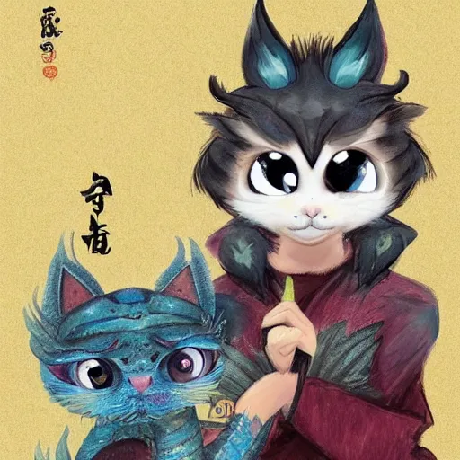 Image similar to a photo of a cute eastern dragon with big eyes and friendly + a cute cat