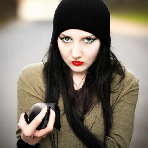 Image similar to an emo goth girl wearing a black beanie hat, British street background, black hair, 2006