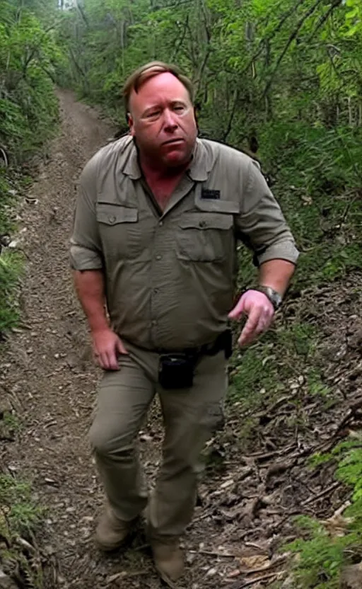 Prompt: depraved alex jones, trailcam