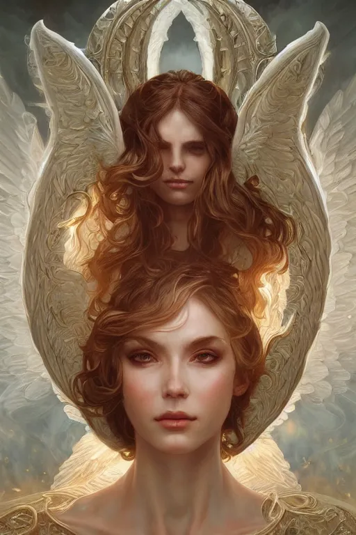 Image similar to portrait of an angelic demon, gates of hell and heaven, godlike, full body, fantasy, intricate, elegant, highly detailed, digital painting, artstation, concept art, sharp focus, illustration, art by artgerm and greg rutkowski and alphonse mucha and ross tran