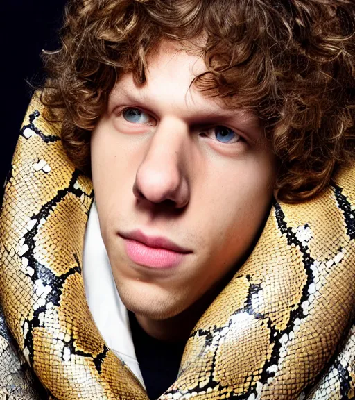 Image similar to detailed attractive characther portrait of jesse eisenberg wearing oversized snake skin jacket and golden chain, realistic, wide angle, dramatic light 8 k