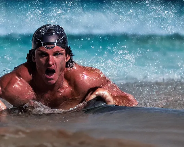 Image similar to single spartan swimming using bodyboard on australian beach, epic award winning action cinematic still from the movie 3 0 0, 8 k, global illumination, detailed face, muscles, rim highlights, hyper realistic, stunning waves, happy vibes