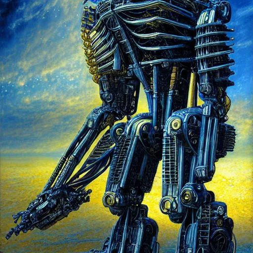 Image similar to mecha centaur, atmospheric lighting, painted, intricate, golden and blue hour, ultra detailed by peter gric, giger, enki bilal