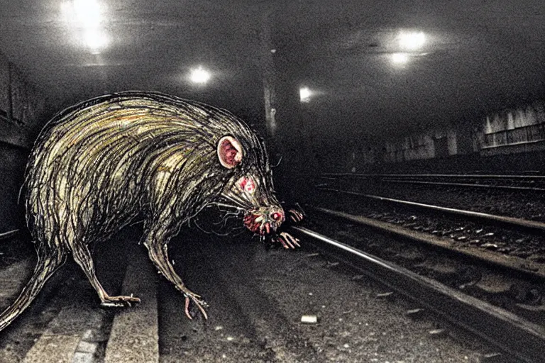 Prompt: very large giant mutant zombie irradiated angry rat staying on railways in tonnel of moscow subway. extreme high detail, very realistic. low dark light, scary mood. hermann nitsch