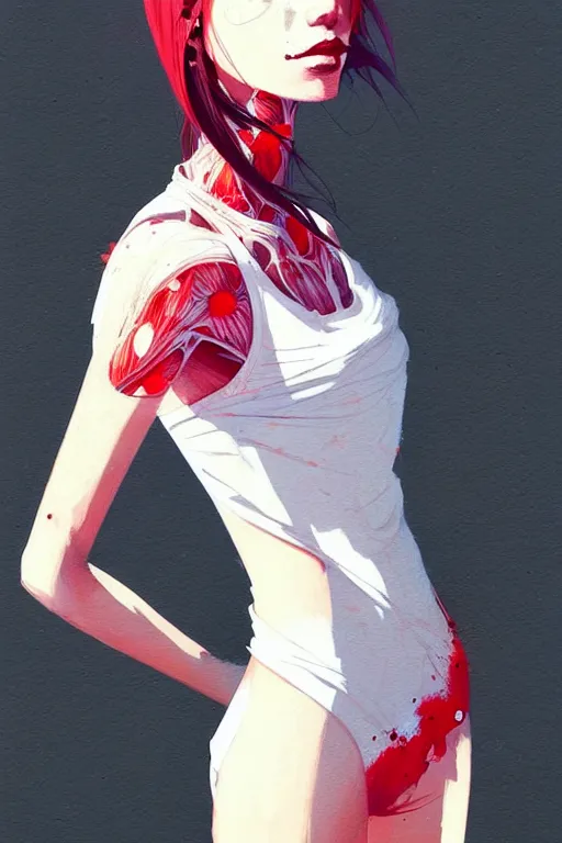 Image similar to a ultradetailed beautiful painting of a stylish woman with a white tank top, detailed anatomy, by conrad roset, greg rutkowski and makoto shinkai trending on artstation