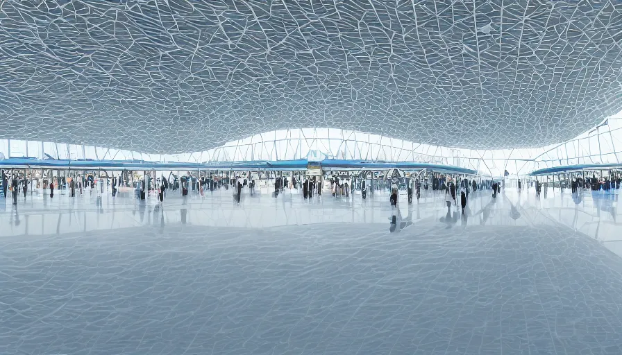 Image similar to shanghai pudong international airport interior, a huge white space with thin white columns evenly spaced and a corrugated roof that undulates slightly, silence, lightness, light, shadows, reflections, epic composition, intricate, elegant, volumetric lighting, digital painting, highly detailed, artstation, sharp focus, illustration, concept art, ruan jia, steve mccurry