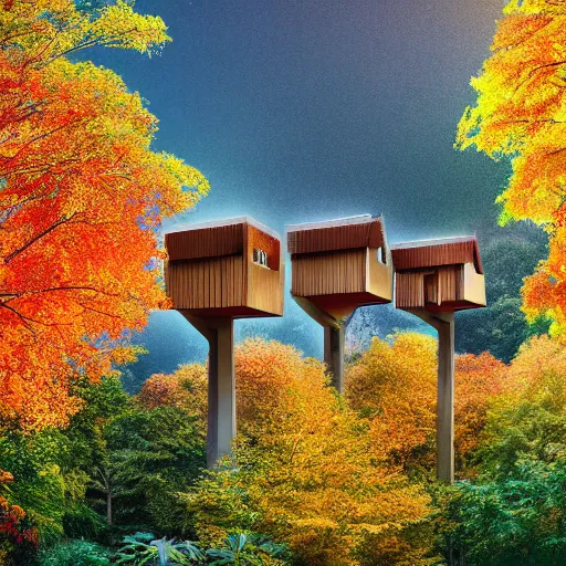 Image similar to a village full of tree houses nestled in a forest, modern architecture, golden hour, autumn leaves, realistic high quality art digital art