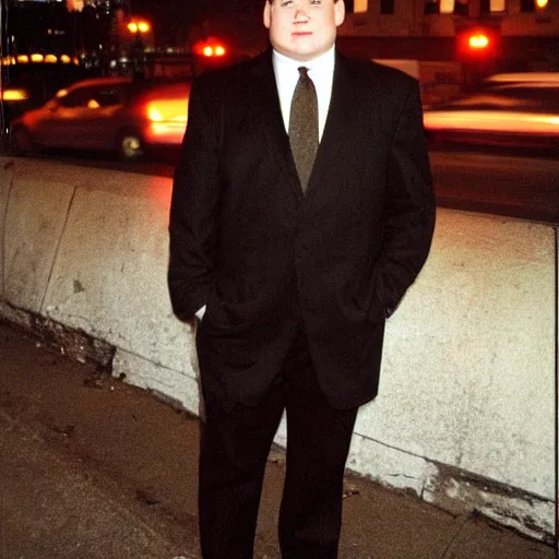 Image similar to 1 9 9 8 andy richter wearing a black suit and necktie standing on the streets of chicago at night in winter.