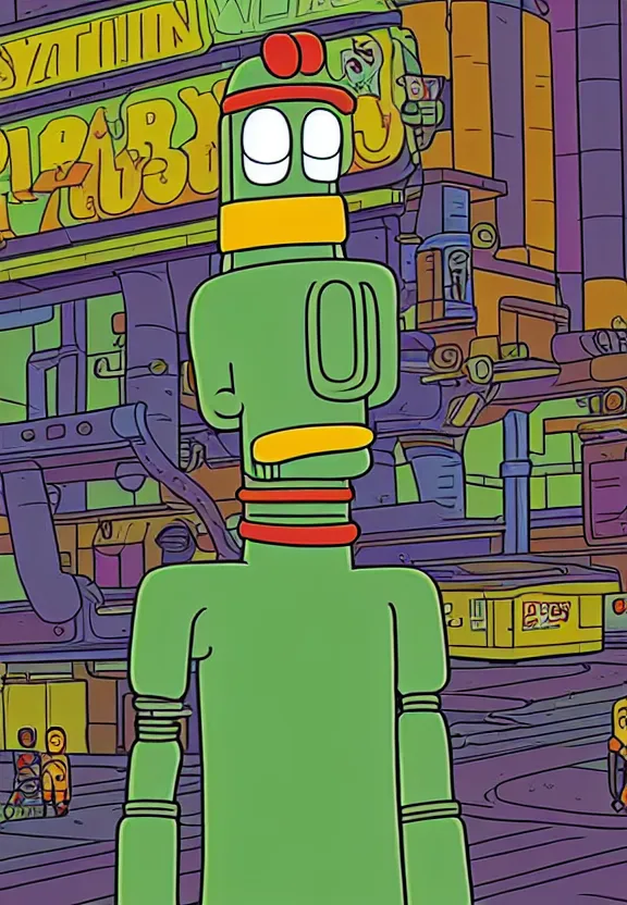 Image similar to portrait of a character from the show futurama in a sci - fi city, looking at camera, extremely detailed, illustration, art by matt groening, futurama animation artstyle